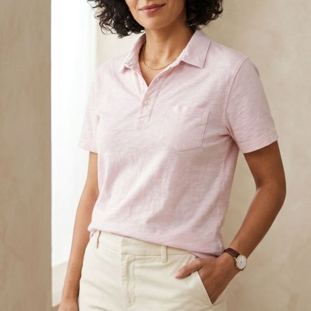 J Crew Womens Large Pink Slub Cotton Garment-Dyed Pocket Polo Shirt Short Sleeve - Picture 2 of 8